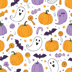 Halloween Pattern: Pumpkins, Ghosts, Bats, Candy Seamless Texture for Fall Decorations