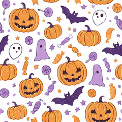 Spooky Season Seamless Pattern: Jack-o'-Lanterns, Bats, & Ghosts