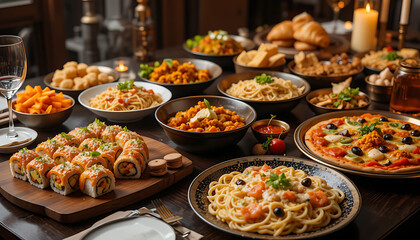 Obraz premium A traditional Thai meal featuring delicious dishes of fresh fish, meat, and vegetables on a table