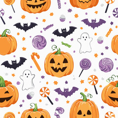 Halloween Pattern: Pumpkins, Bats, Ghosts, and Candy Seamless Design