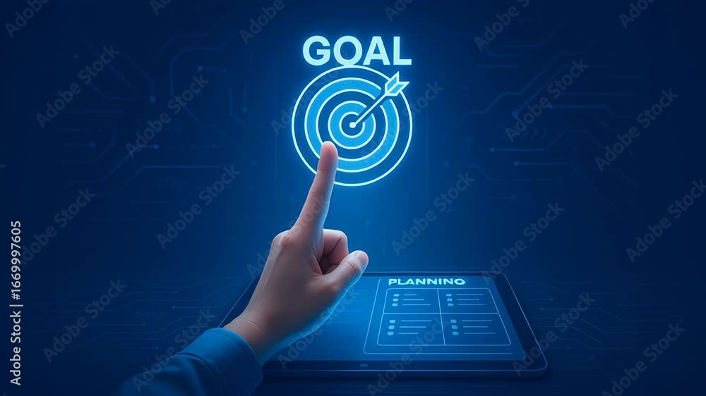 Poster agile hand finger points goal target above digital planning tablet with focused setting and strategi