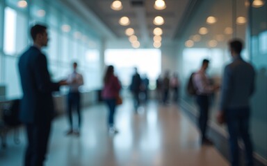 Blurred background, people on move in the office. Generative AI. High quality