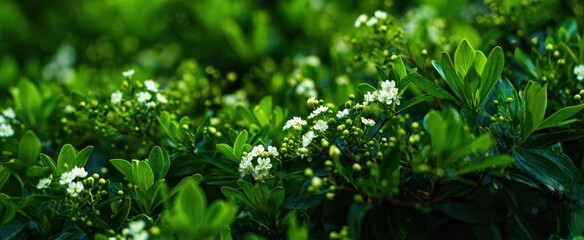 The lush green shrub with delicate white blossoms in a sunlit garden setting