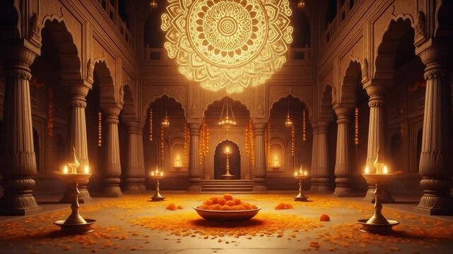 Image is a digital artwork depicting a grand, ornate interior space with a symmetrical layout. The central focus is a large, intricate mandala design, glowing with golden hues, suspended in the air. S