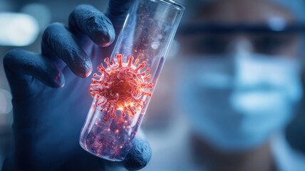 A doctor holds up a vial of clear liquid, symbolizing a medical vaccine or treatment, with digital virus illustrations in the background.