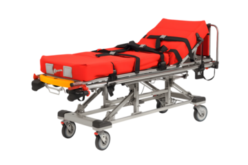  empty medical stretcher with red mattress ready for patient in need isolated on white background