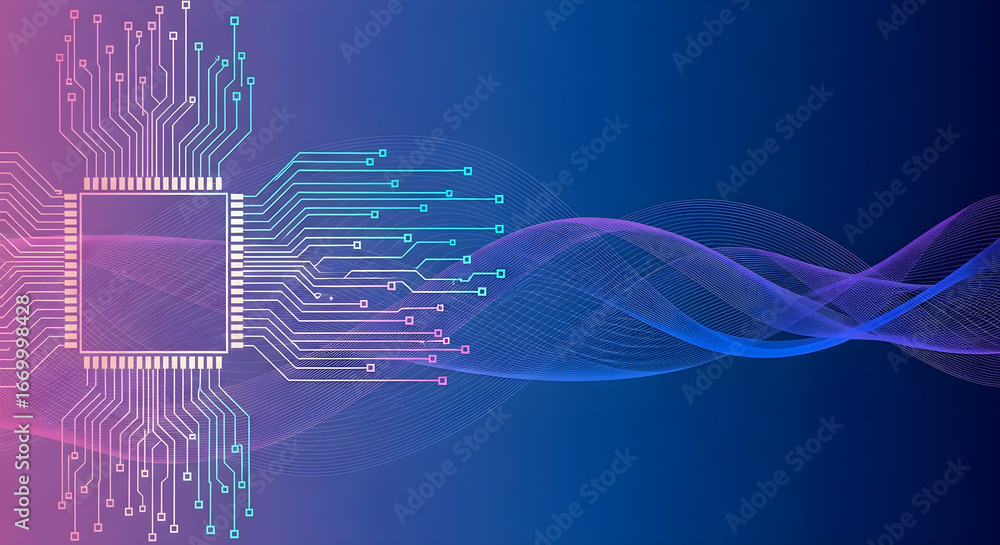 Poster abstract digital technology circuit board and waveform on a blue and pink background, representing i