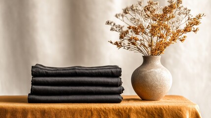 Folded dark cloth stack on orange cloth, vase of dried blooms