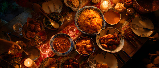 A family gathered around a table filled with traditinal Diwali foods, with sof light creating warmth andemphasizing the textures o the dishes