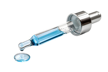 dropper with blue liquid dropping out isolated on white background