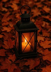 Rustic lantern amidst autumn leaves.