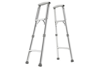 Two silver medical crutches standing alone isolated on white background