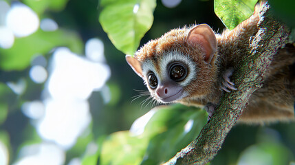 Fototapeta premium Cute and curious small primate perched on tree branch, surrounded by lush green leaves, showcasing its large expressive eyes and soft fur