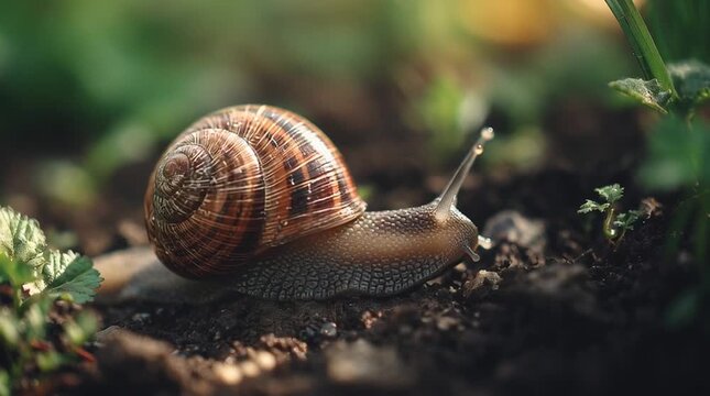 Garden snail crawling on the soil, with its shell clearly visible, showcasing the natural texture of the ground and surroundings.