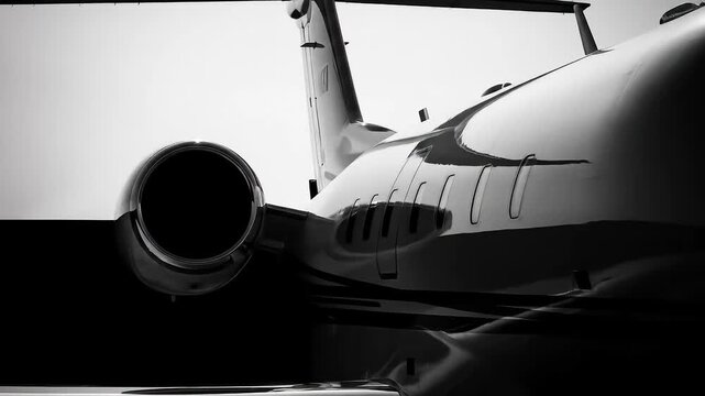 A powerful jet engine and sleek fuselage of a luxury private aircraft in monochrome.