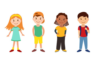 Vector children set, flat illustration isolated on white background, international and cultural diversity, various kids different nationality, school and kindergarten poster print design