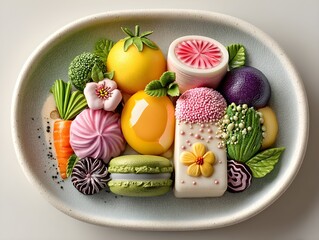 White Presentation Cartoon Food Plate Arranged Ly Single Ceramic Each Beautifully Styled Social Media Poster Banner Marketing Ecommerce Web Print Copy Space Template Branding Seo Optimiz SEO Optimized