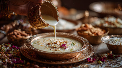 Fototapeta premium Diwali, Hand pouring creamy kheer into a serving