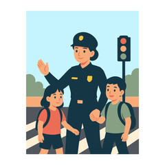 policewoman helping children cross the street