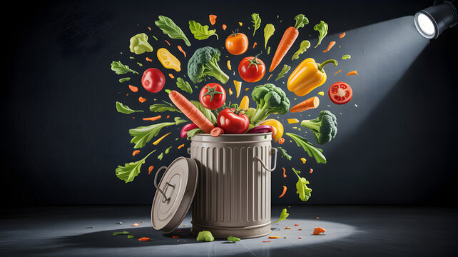 Overflowing grey trash can with fresh vegetables exploding outwards under a spotlight garbage