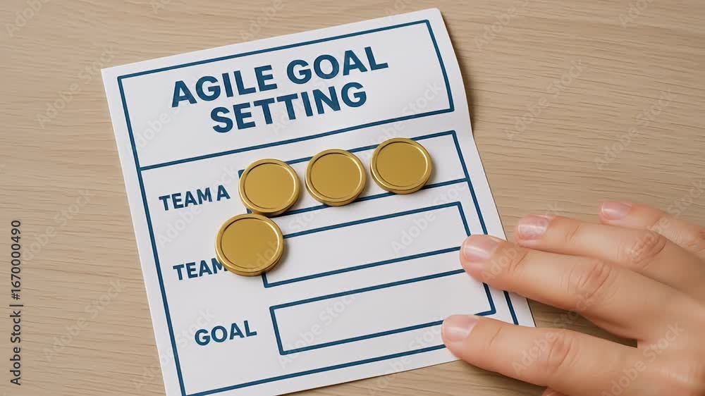 Aufkleber agile goal setting with hand placing token on board for teamwork collaboration and progress tracking