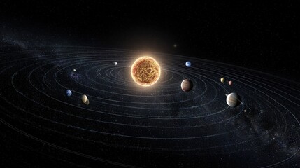 The solar system showcased with planets orbiting around a radiant sun in space.