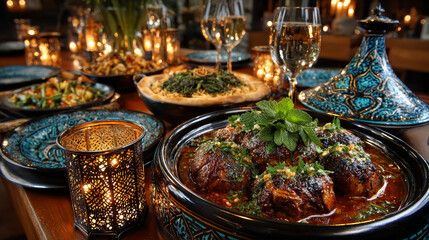 Fototapeta premium Arabic Cuisine: Middle Eastern traditional lunch fattah, tajine, kabab, kabsa, and kofta It's also Ramadan Iftar. The meal eaten by Muslims during Ramadan, Assorted Arabic oriental dishes.top view