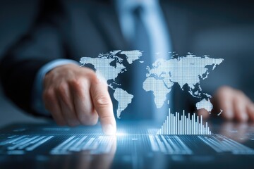 A person interacts with a digital representation of a world map and data visualizations on a touch screen interface, showcasing global data analysis.
