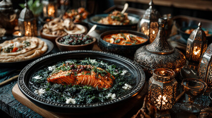 Fototapeta premium Traditional Arabic cuisine food, Middle Eastern traditional lunch. Breaking Fast, Ramadan iftar Top view, copy space