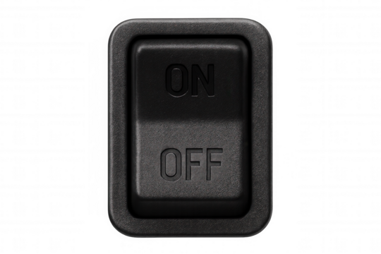 Black plastic power switch button, isolated against transparent background, showing electrical control mechanism and activation point