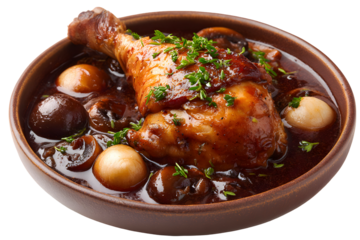 A rustic dish of classic Coq au Vin. A tender chicken leg braised in red wine with mushrooms and onions, garnished with parsley and pine nuts.