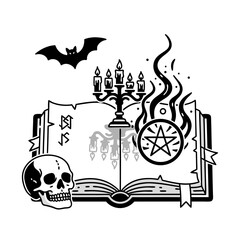 Mystical Illustration Featuring Skull, Spellbook, Pentagram, and Bat