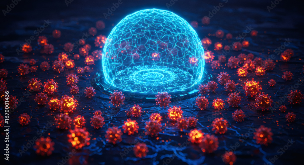 Poster abstract microscopic view of a glowing blue protective barrier shielding a central core from an onsl