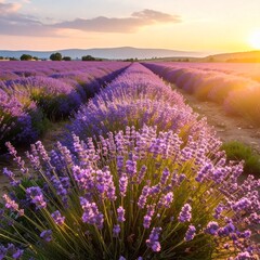 Fototapeta premium lavender flowers under warm evening sunlight 