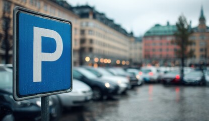 Parking lot with multiple cars and a prominent blue parking sign on a rainy day