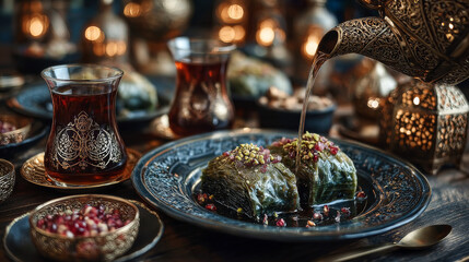 Fototapeta premium Traditional turkish, arabic dessert baklava assortment with pistachio. Ramadan sweets. with a mockup food box. Middle Eastern desserts with tea and honey for ramadan iftar.
