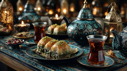 Traditional turkish, arabic dessert baklava assortment with pistachio. Ramadan sweets. with a mockup food box.
Middle Eastern desserts with tea and honey for ramadan iftar.