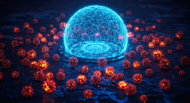 Abstract microscopic view of a glowing blue protective barrier shielding a central core from an onslaught of red viral particles, representing health and immunity
