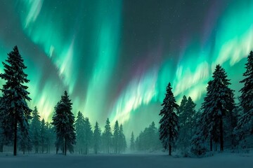 Aurora borealis. Northern lights in winter forest. Sky with polar lights and stars. Night winter landscape with aurora and pine tree forest. Travel concept