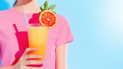 Refreshing orange smoothie with slice of blood orange and mint garnish, held by person in pink shirt against bright blue background