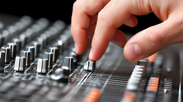 Close up of hand adjusting sound mixing console, showcasing intricate controls and sliders that create music
