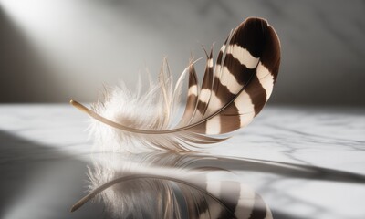 A single feather, light brown and white striped, rests on a reflective marble surface, illuminated by a soft light source