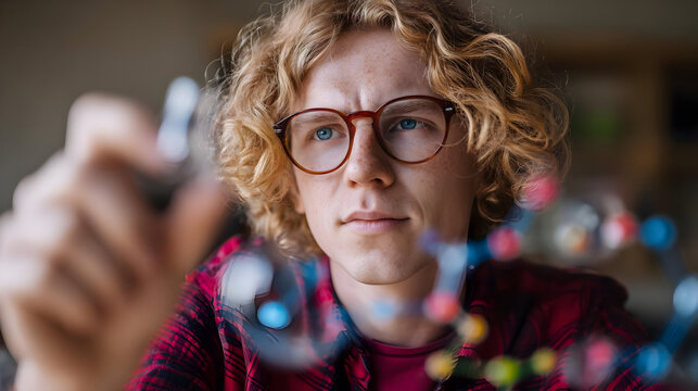 with floating holographic periodic table in futuristic science classroom with glowing interfaces