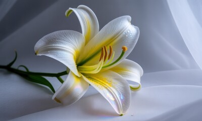 A single, radiant white lily rests gracefully on a soft, white draped surface