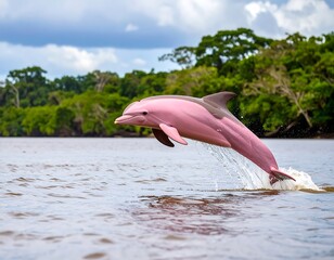 Pink dolphin leaping from river