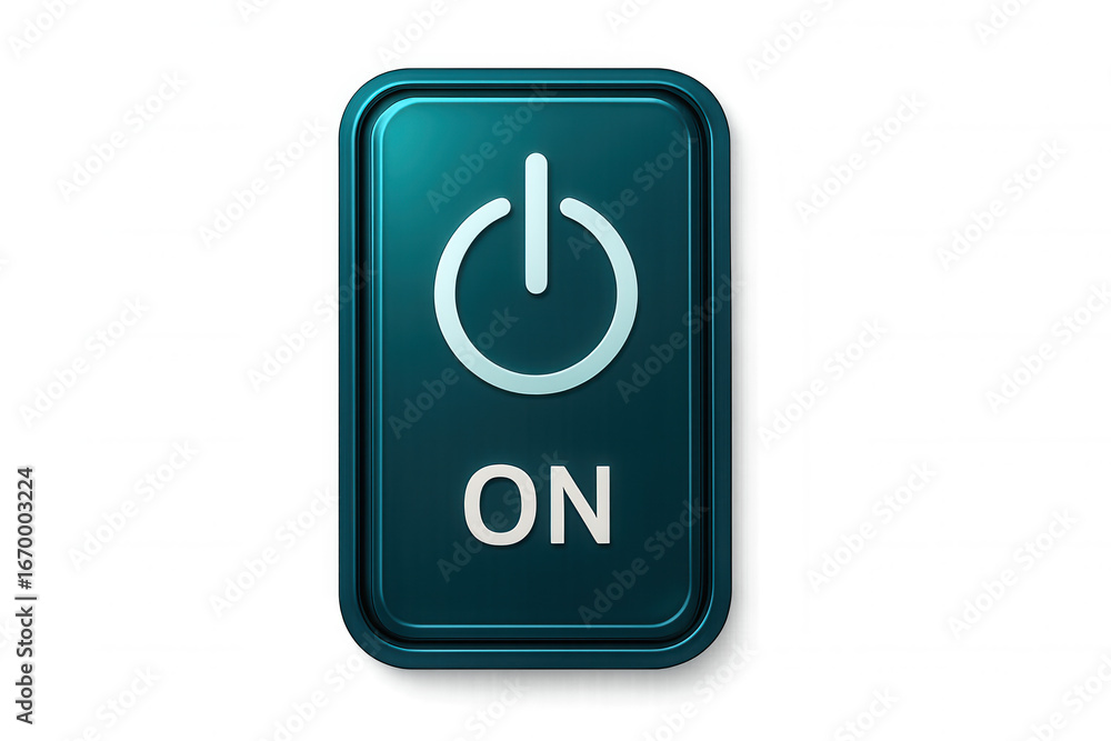 Poster metallic teal power button with a white on symbol and text isolated on a transparent background, per