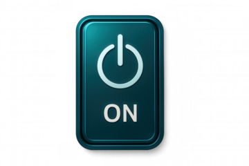 Metallic teal power button with a white on symbol and text isolated on a transparent background, perfect for user interface design