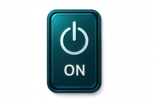 Metallic teal power button with a white on symbol and text isolated on a transparent background, perfect for user interface design