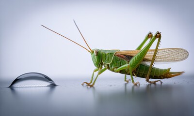 Fototapeta premium A vibrant green grasshopper positioned beside a smooth, reflective water droplet. 