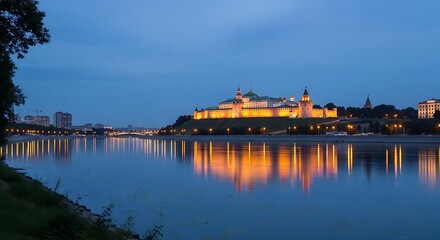 Fototapeta premium A serene cityscape at dusk, with a grand fortress reflected in the still waters of a river.